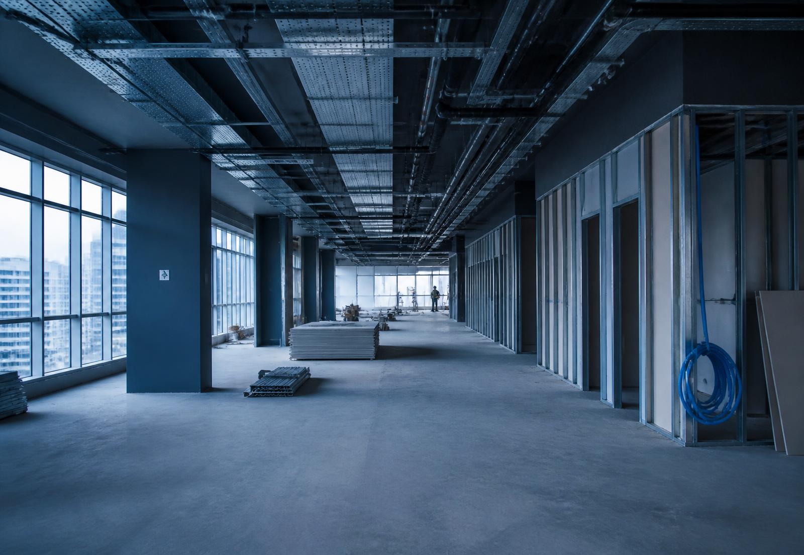 Obra de instalações prediais em edifício comercial em Aracaju, Sergipe, com infraestrutura elétrica e hidráulica aparente